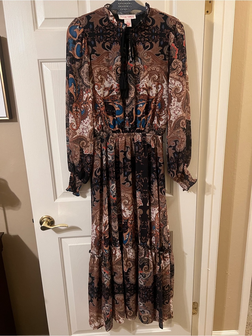Like New Flying Tomato Black Paisley Tiered Midi Dress with Brown Accents Small